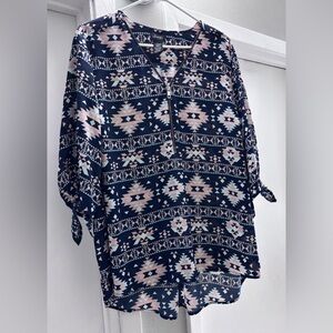 Justify Navy Aztec Zip-Front Blouse with Pink & Light Blue Accents - XL